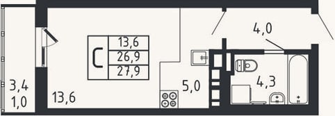 Планировка: Студия, 26,9 м²