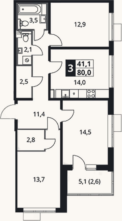 Планировка: 3-к, 77,4 м²