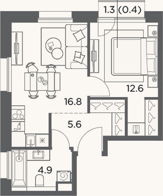 Планировка: 1-к, 39,9 м²