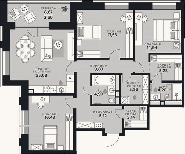 Планировка: 4+ к, 111,7 м²