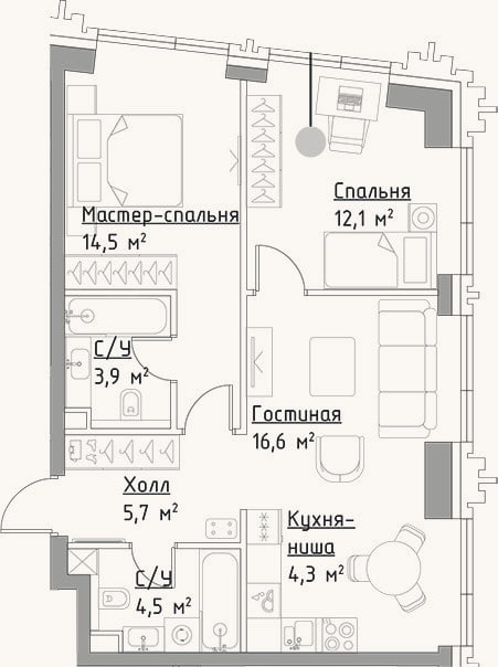 Планировка: 3-к, 61,6 м²