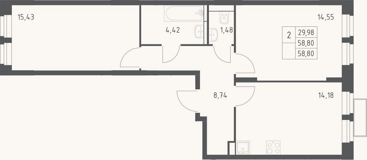Планировка: 2-к, 58,8 м²