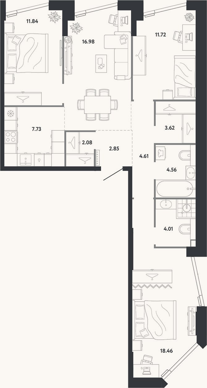 Планировка: 3-к, 88,5 м²