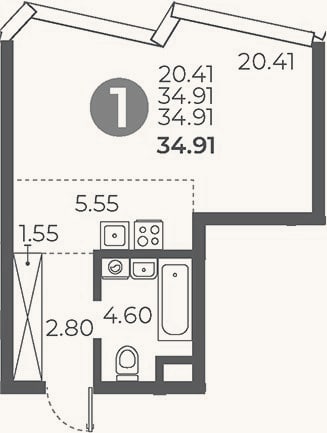 Планировка: Студия, 34,9 м²