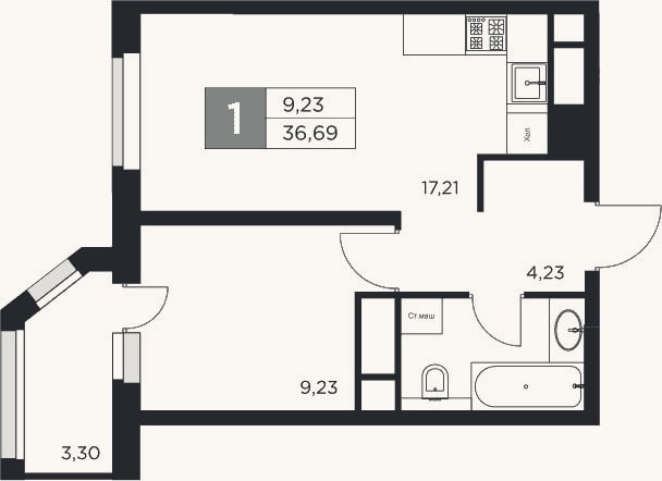 Планировка: 2-к, 35 м²