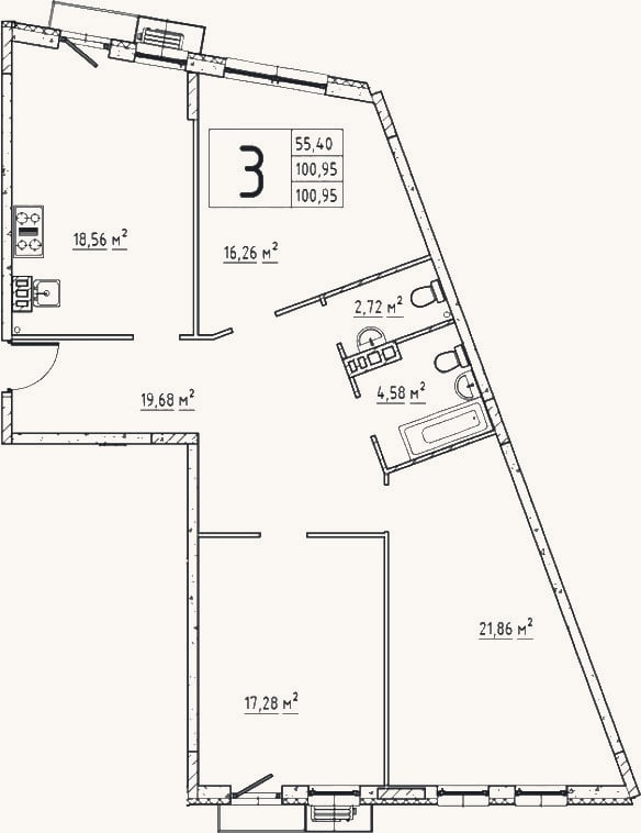 Планировка: 3-к, 101,3 м²