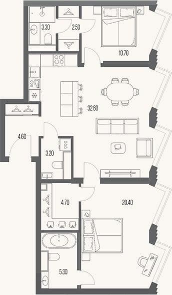 Планировка: 2-к, 87,3 м²