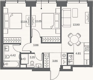 Планировка: 3-к, 59,3 м²