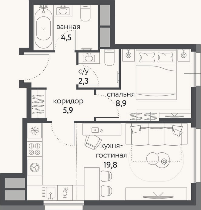 Планировка: 2-к, 41,4 м²