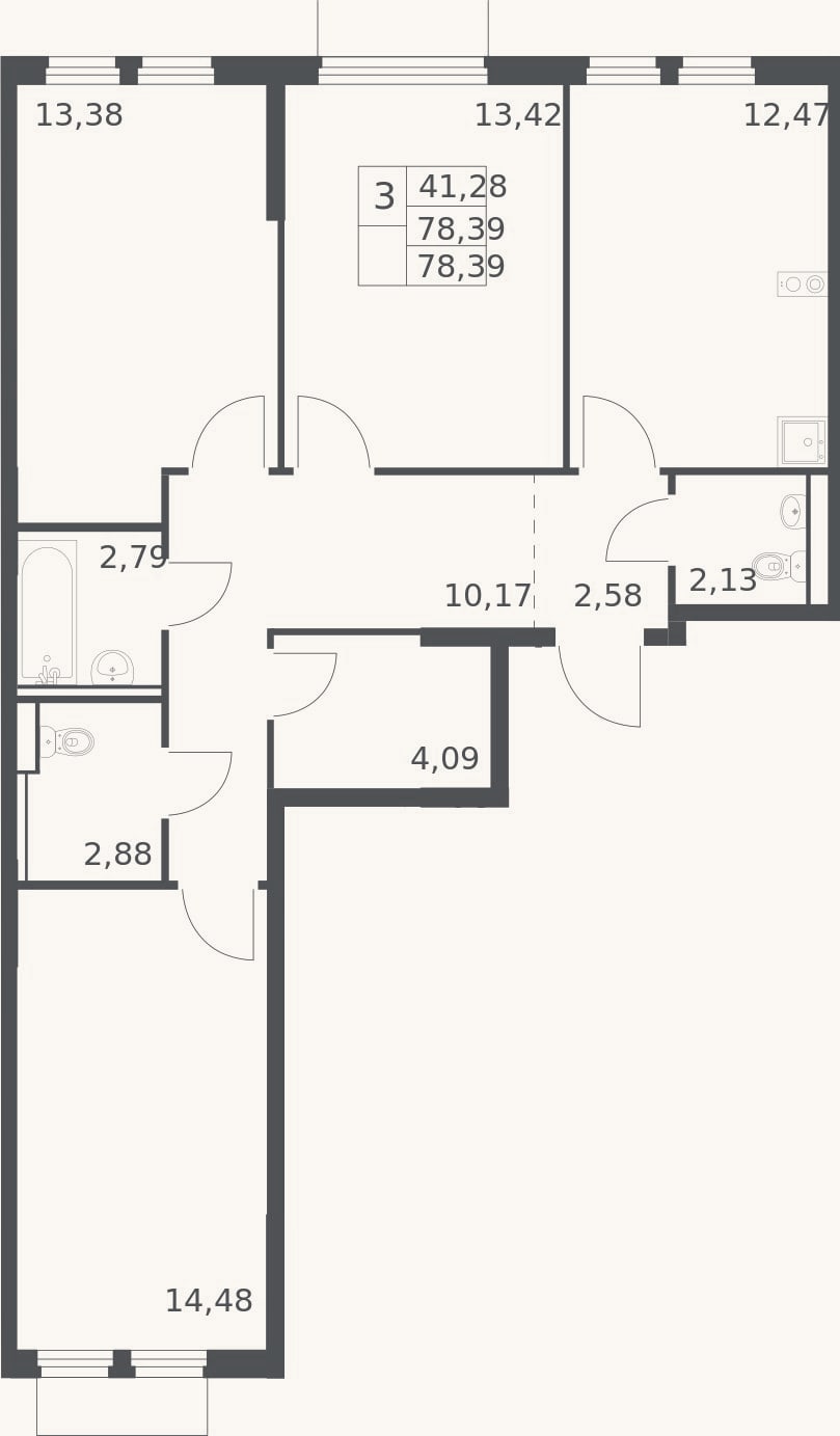 Планировка: 3-к, 78,4 м²