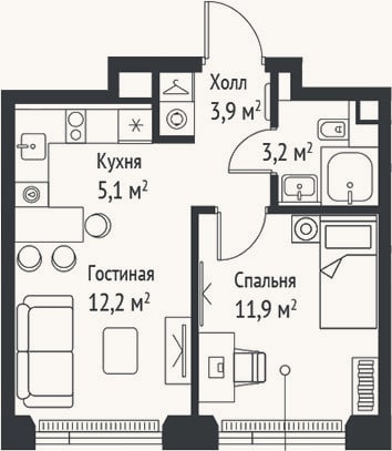 Планировка: 2-к, 36,3 м²