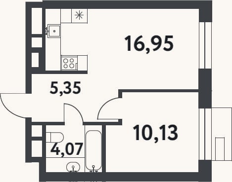 Планировка: 1-к, 36,5 м²