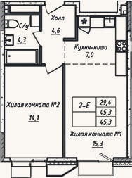 Планировка: 2-к, 45,3 м²