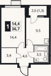 Планировка: 1-к, 35,4 м²
