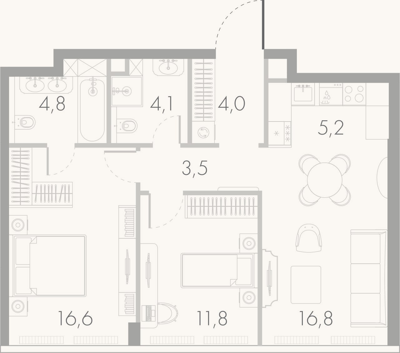 Планировка: 3-к, 66,8 м²
