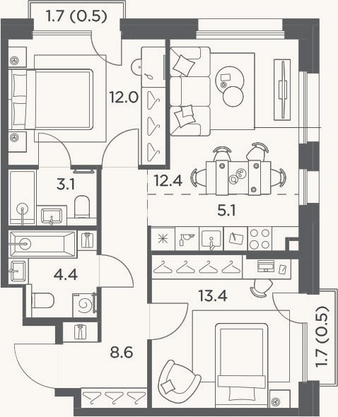 Планировка: 3-к, 59 м²