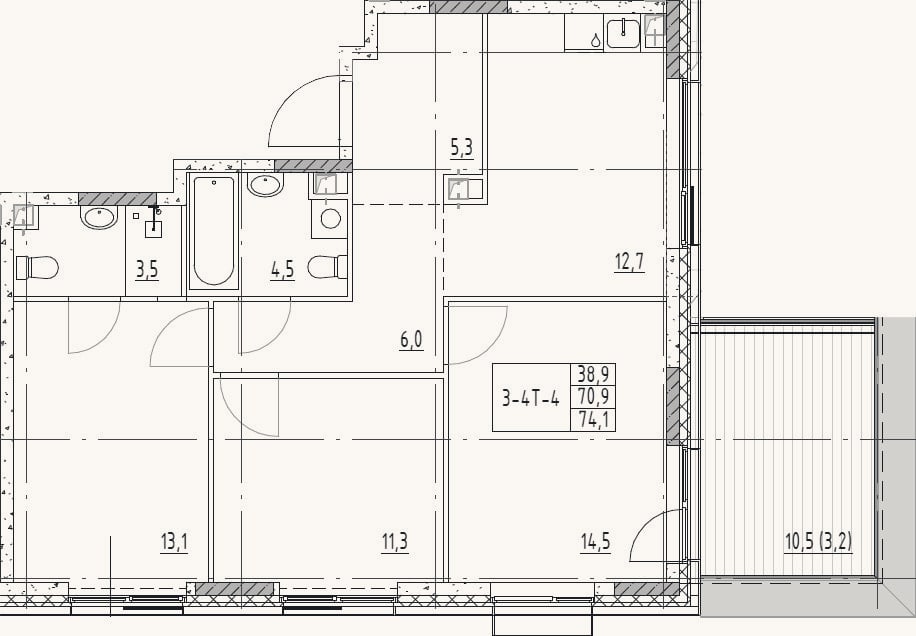 Планировка: 3-к, 70,9 м²
