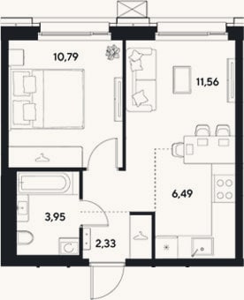 Планировка: 2-к, 35,1 м²