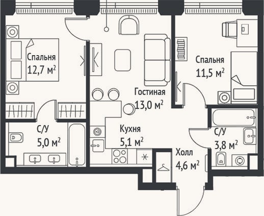 Планировка: 3-к, 55,7 м²