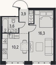 Планировка: 1-к, 34 м²