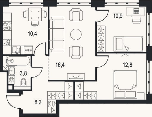 Планировка: 3-к, 62,5 м²