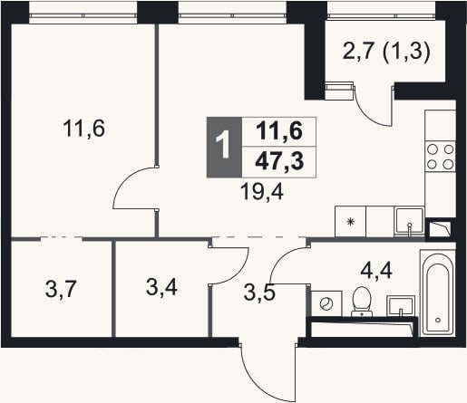 Планировка: 2-к, 46 м²