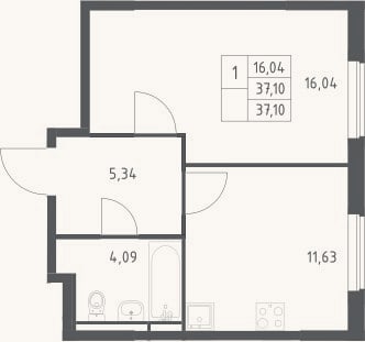 Планировка: 1-к, 37,1 м²