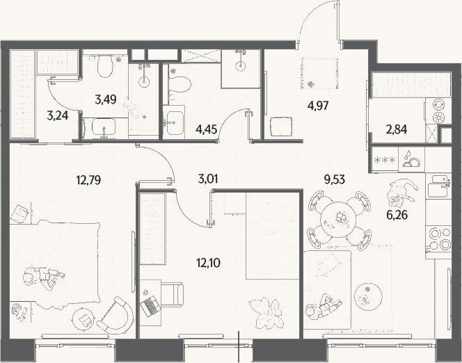 Планировка: 3-к, 62,7 м²