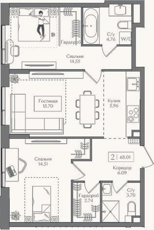 Планировка: 3-к, 68 м²