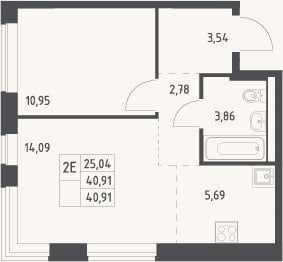 Планировка: 2-к, 40,9 м²