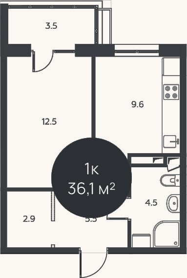 Планировка: 1-к, 35 м²
