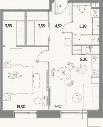 Планировка: 2-к, 46,3 м²