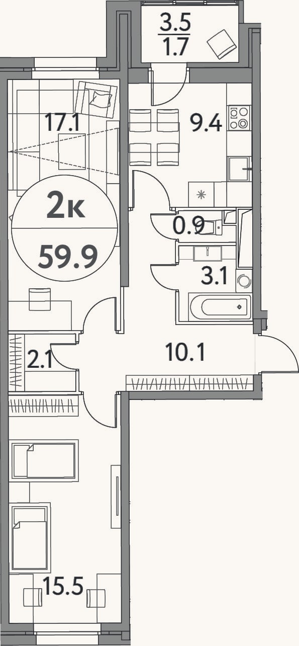 Планировка: 2-к, 58,2 м²
