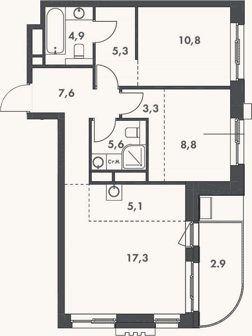 Планировка: 3-к, 68,7 м²