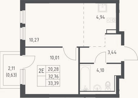 Планировка: 2-к, 32,8 м²