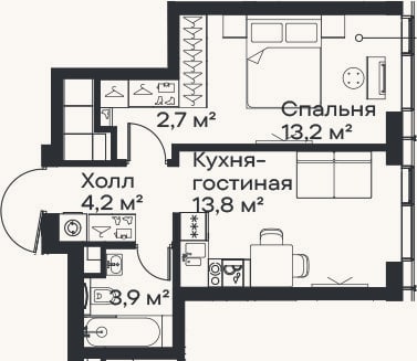 Планировка: 2-к, 37,8 м²