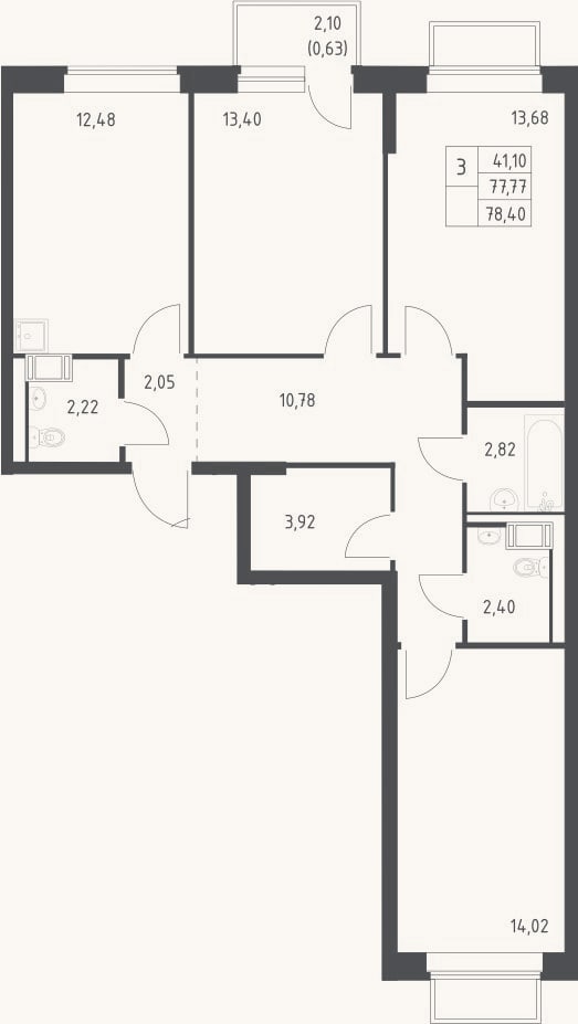 Планировка: 3-к, 77,8 м²