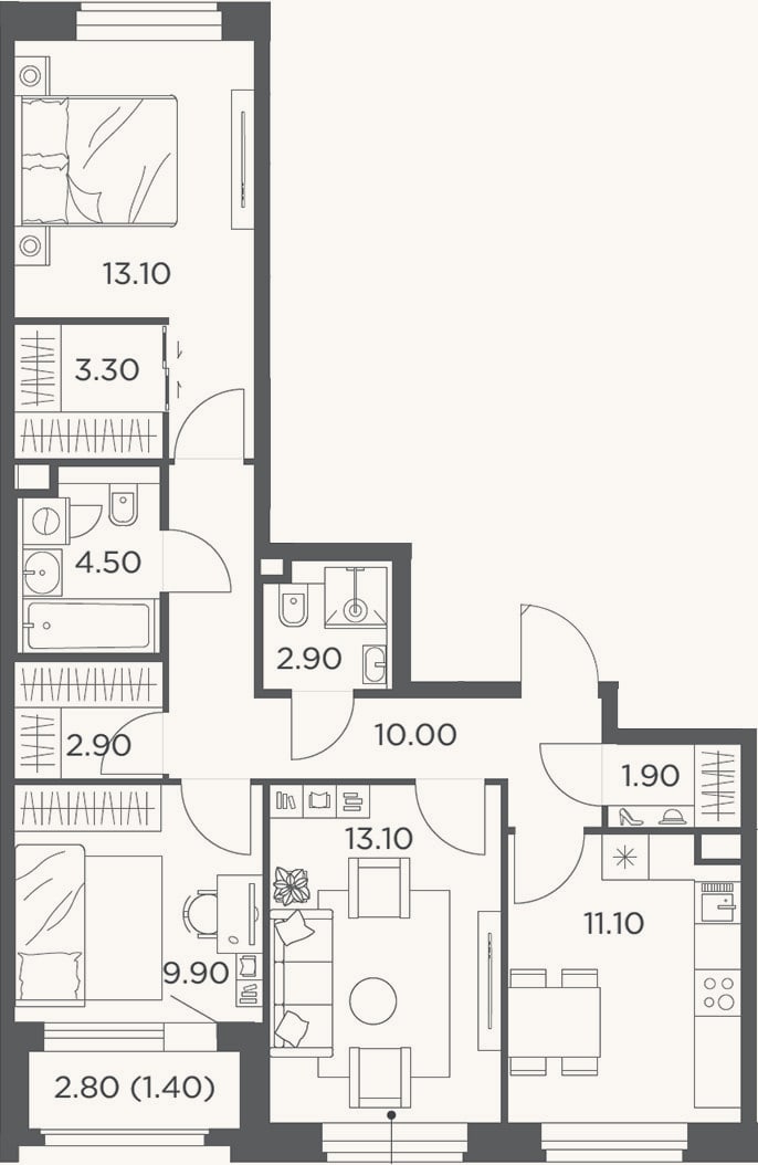 Планировка: 3-к, 75,8 м²