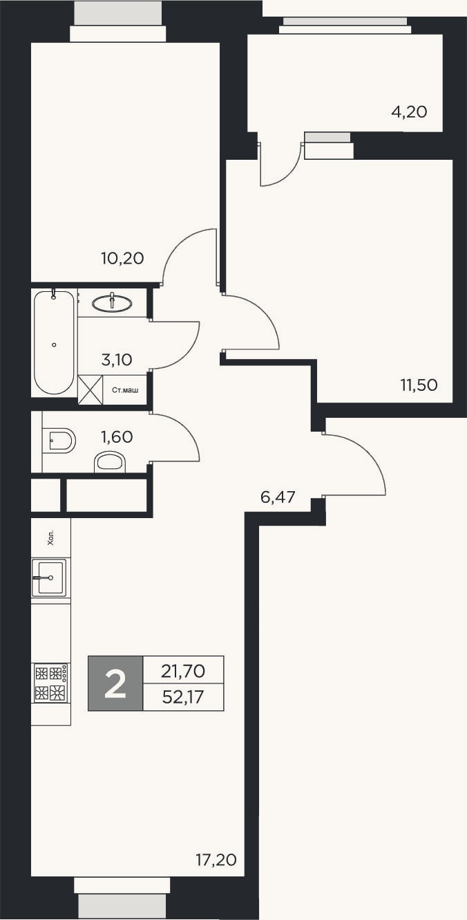 Планировка: 3-к, 50,1 м²
