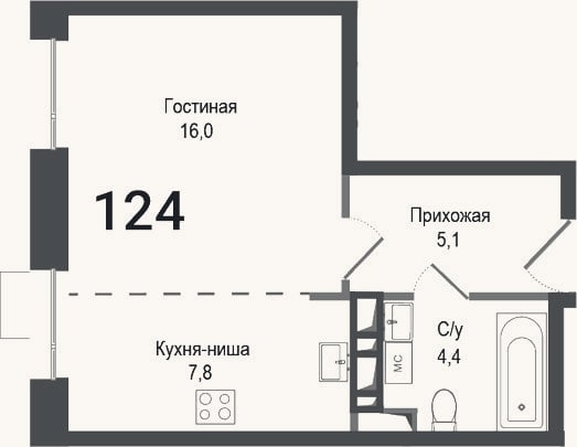 Планировка: Студия, 33,3 м²