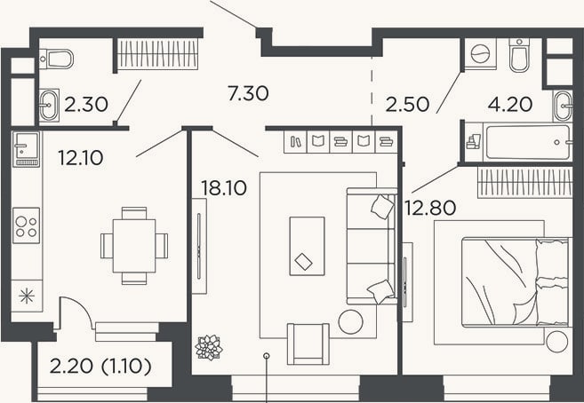 Планировка: 2-к, 59,3 м²
