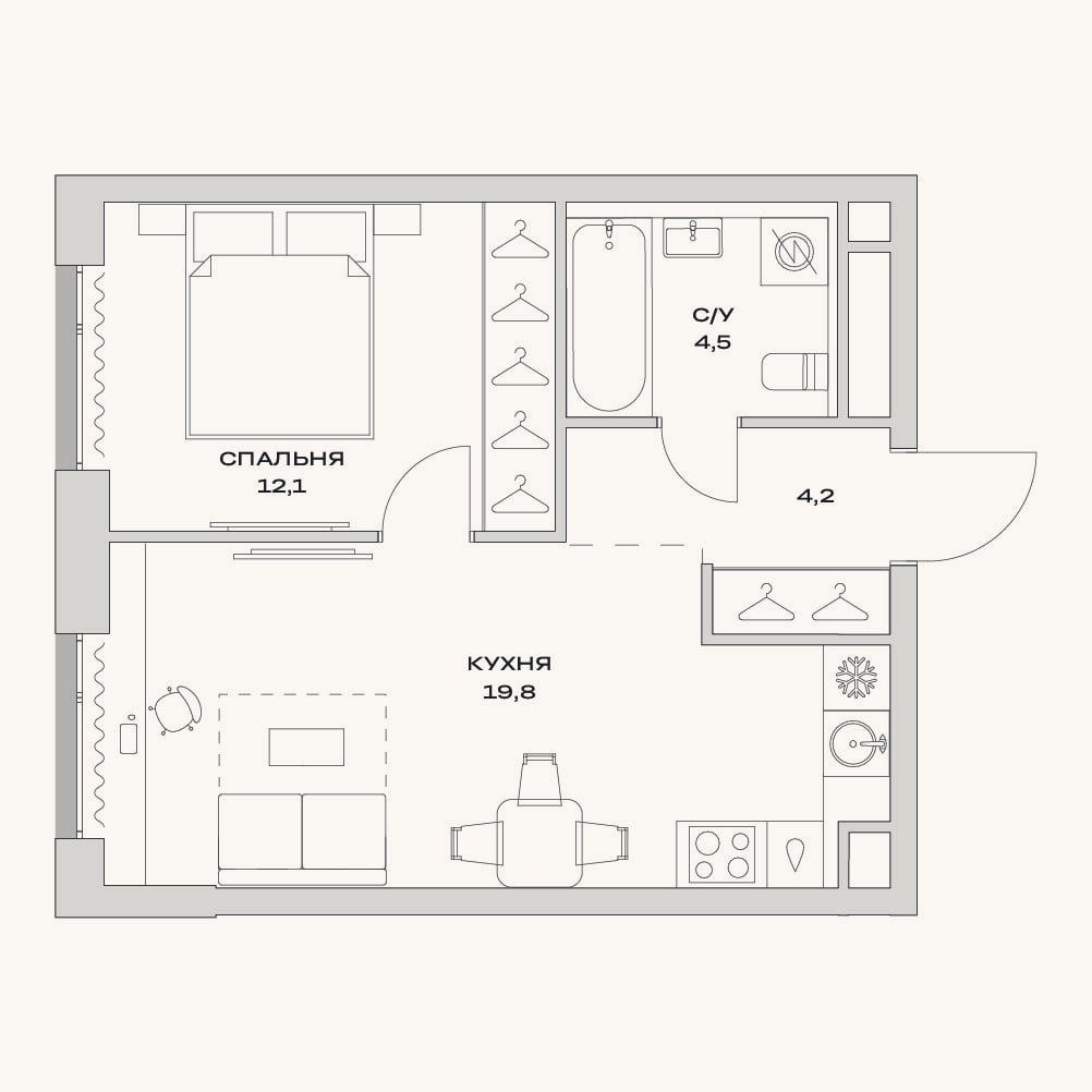 Планировка: 2-к, 40,6 м²