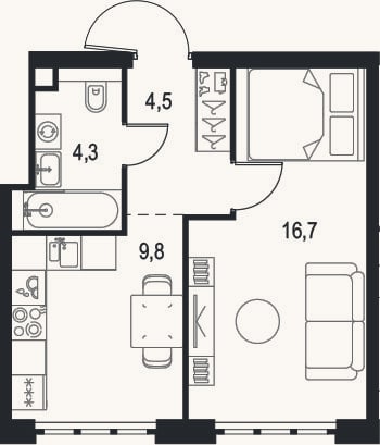 Планировка: 1-к, 35,3 м²