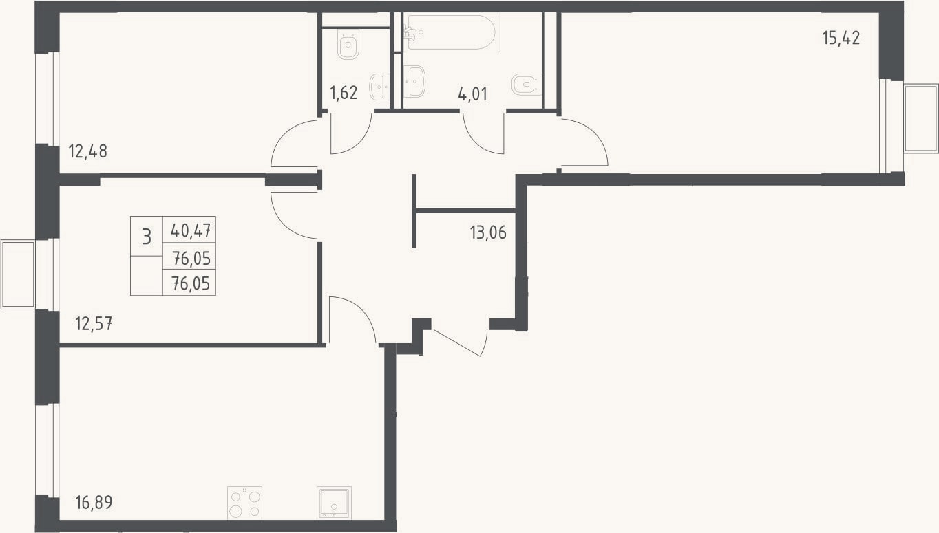 Планировка: 3-к, 76,1 м²