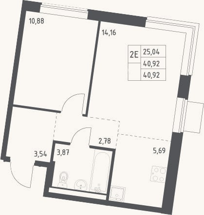 Планировка: 2-к, 40,9 м²