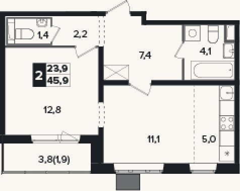 Планировка: 2-к, 44 м²