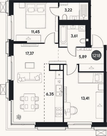 Планировка: 3-к, 61,3 м²