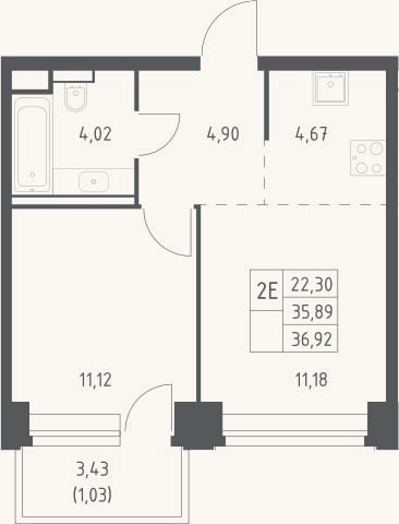 Планировка: 2-к, 35,9 м²
