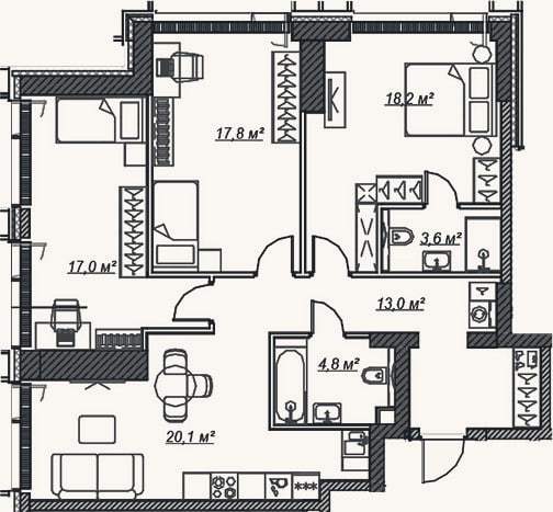 Планировка: 4+ к, 94,5 м²
