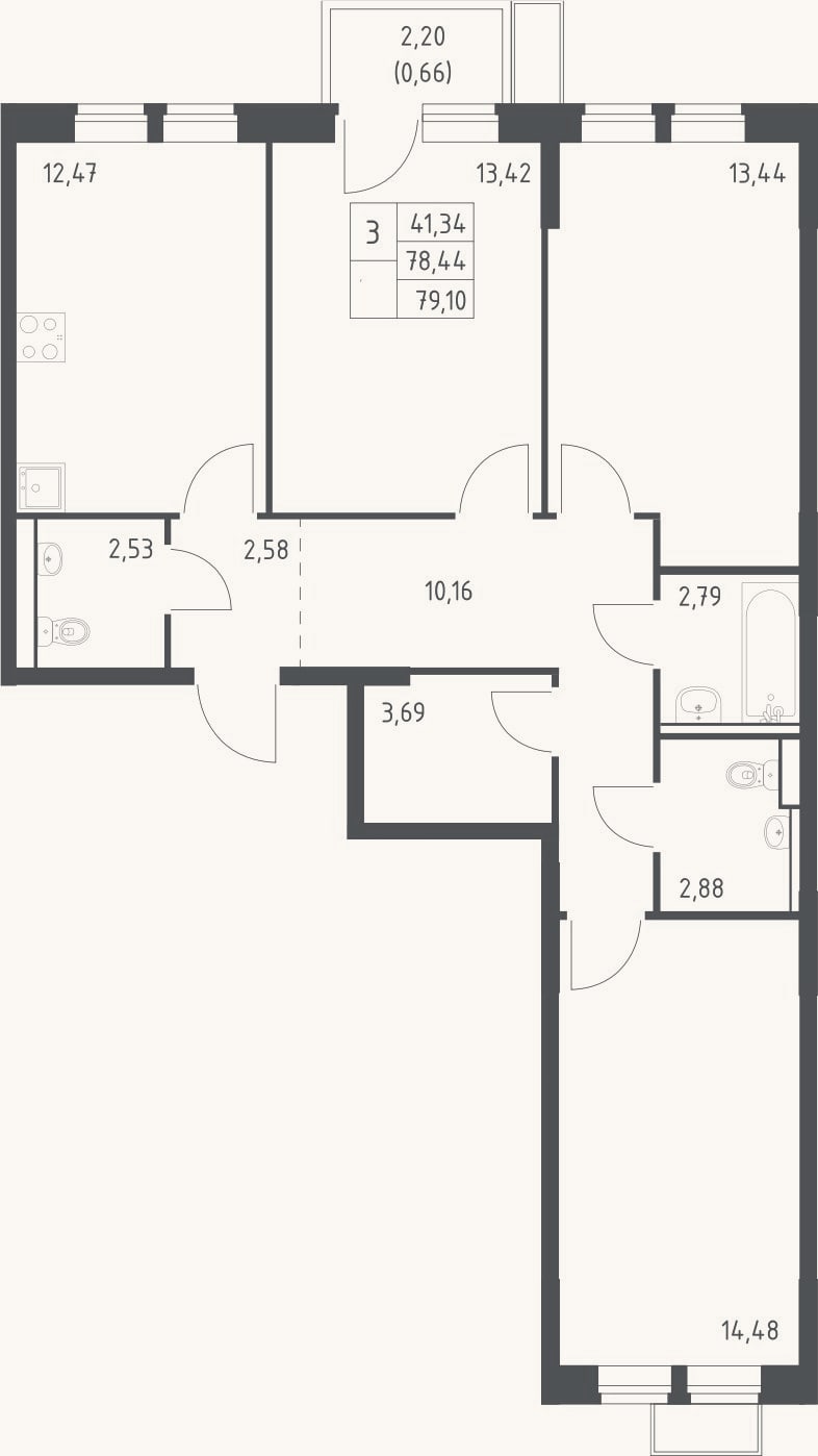 Планировка: 3-к, 78,4 м²